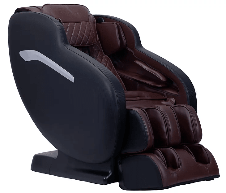 Angled view of brown Aura massage chair