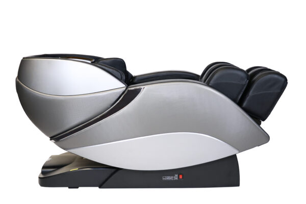 The Genesis Max 4D Massage Chair in silver/black fully reclined from the side.